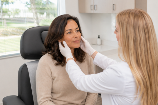 Revelus Dermatology provider assessing a patient’s cheeks during a Juvéderm consultation in Austin
