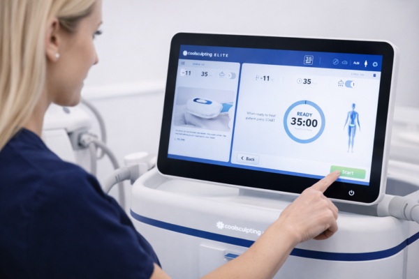 CoolSculpting Elite touchscreen interface displaying treatment timer and area selection.