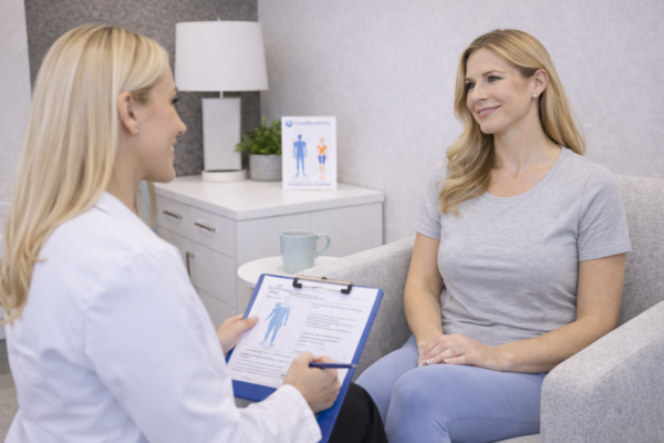 Dermatologist reviewing CoolSculpting Elite treatment plan with patient during consultation.