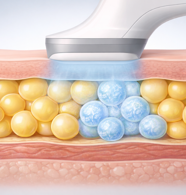 Diagram showing CoolSculpting technology freezing fat cells beneath the skin surface.