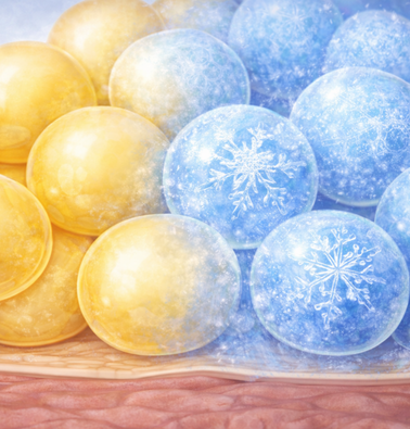 Close-up illustration of crystallized fat cells after CoolSculpting treatment.
