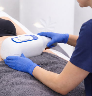 CoolSculpting Elite applicator placed on abdomen during in-office body contouring treatment.