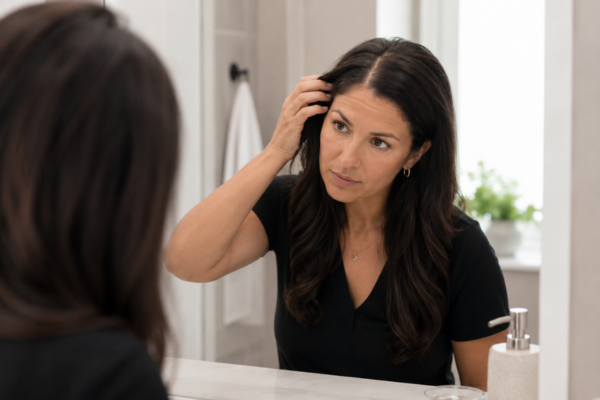 Woman checking widened hair part in mirror for signs of thinning hair and hair loss