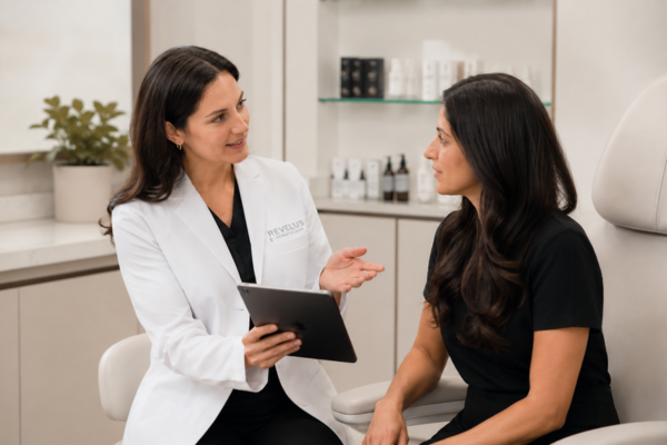 Dermatology provider discussing hair loss evaluation and treatment options with patient in Austin