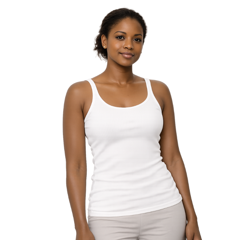 Woman with smooth skin standing in white top representing results of laser hair removal