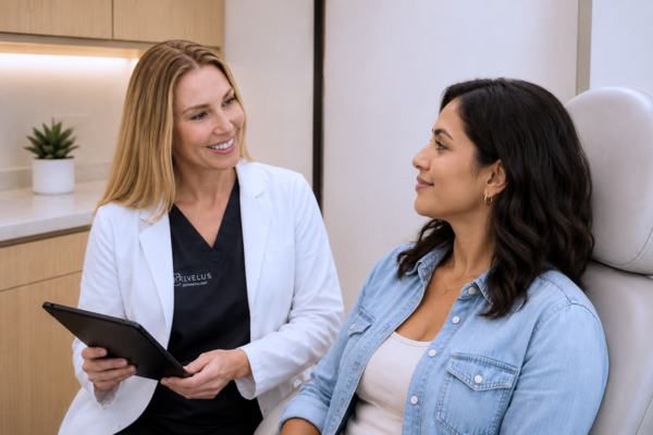 Patient with medium skin tone meeting with a Revelus Dermatology provider to discuss Secret RF microneedling treatment options in Austin, Texas.