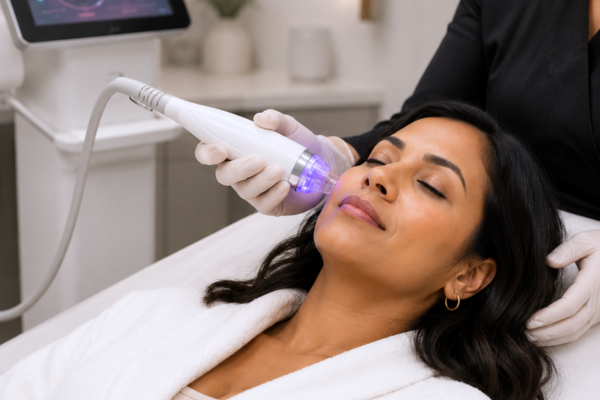 Patient receiving Secret RF radiofrequency microneedling treatment at Revelus Dermatology in Austin.