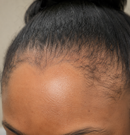 Thinning hairline and hair loss along the edges from traction alopecia