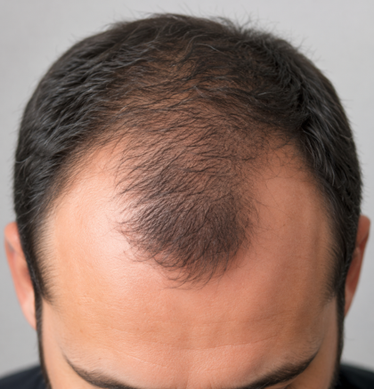 Male pattern hair loss with receding hairline and thinning at front of scalp