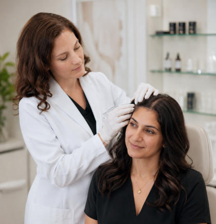 Dermatology provider examining patient scalp during hair loss evaluation in Austin