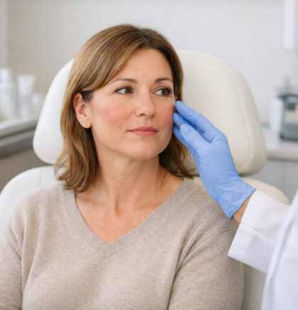 Woman discussing facial redness concerns with dermatologist during a rosacea consultation