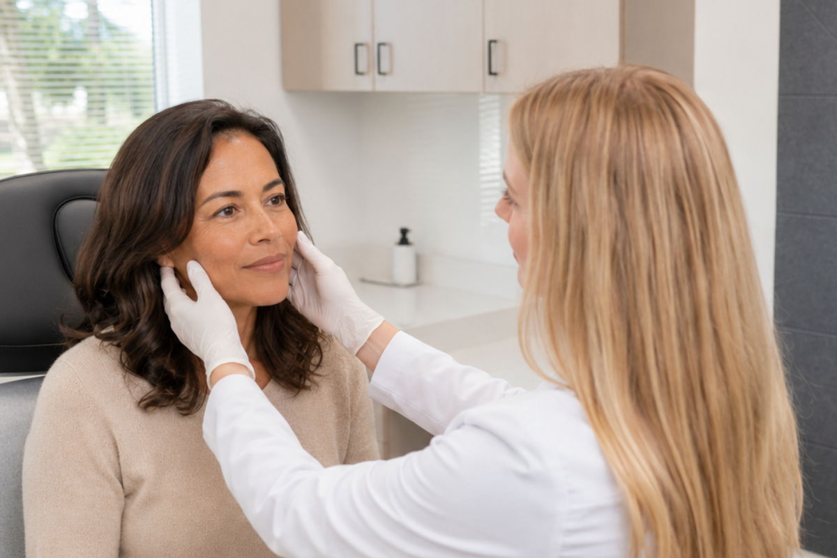 Patient in a cosmetic consultation for Sculptra.