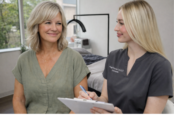 Chemical peel consultation with provider discussing skin concerns and treatment options