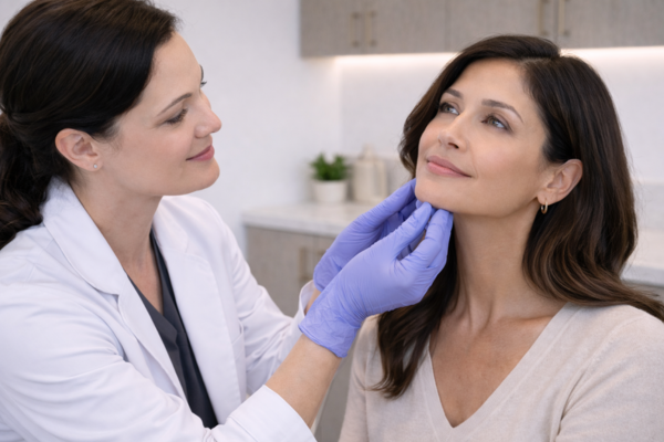Dermatologist assessing patient’s skin prior to CO2 laser resurfacing treatment.