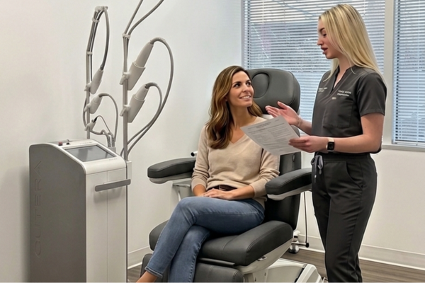 Laser Genesis consultation with provider and patient in Austin dermatology clinic with Cutera laser device in background