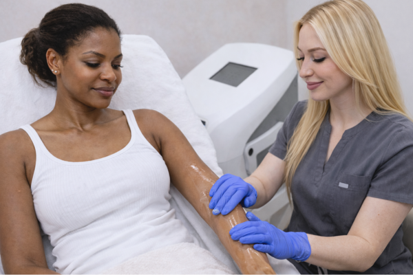Laser hair removal treatment prep on arm with gel application by provider in dermatology clinic