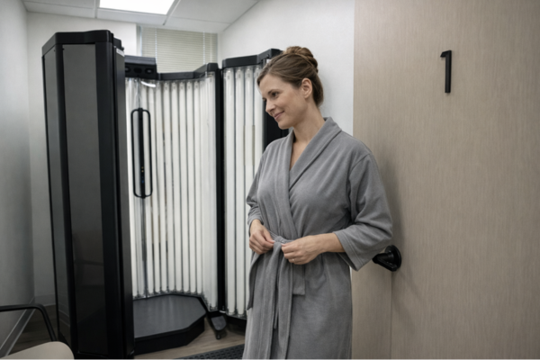 Patient preparing for narrowband UVB light box therapy session in dermatology office in Austin