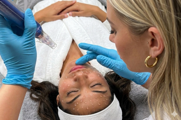 SkinPen microneedling procedure being performed on woman's face to improve skin texture