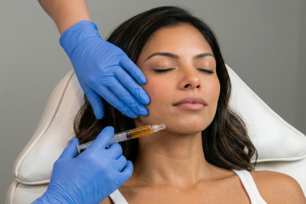 Close-up of microneedling treatment preparation with medical professional applying prp to face