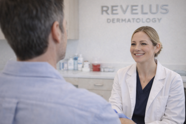 Male patient discussing psoriasis symptoms with dermatologist during in-office consultation