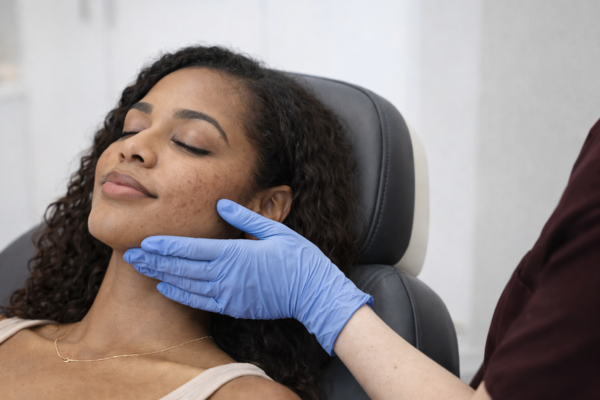 Provider evaluating cheek texture before ResurFX laser treatment for acne scarring in Austin, Texas.