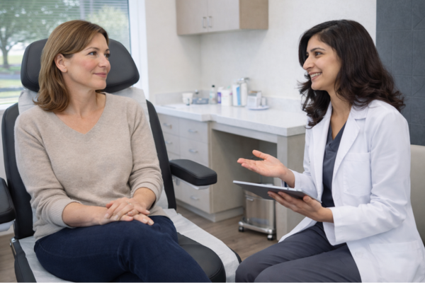 Dermatology provider examining facial redness on a woman’s cheek during a rosacea evaluation