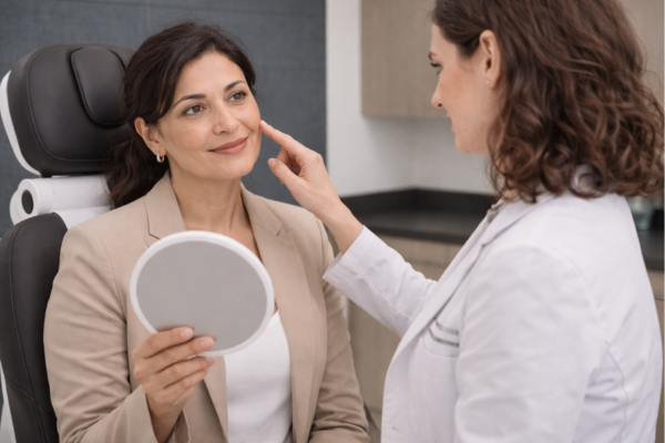 Dermatologist discussing Sculptra treatment areas with patient using mirror during consultation in Austin