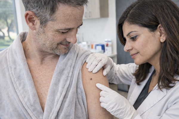 Dermatologist examining a suspicious mole on a patient’s shoulder during a skin cancer screening in Austin