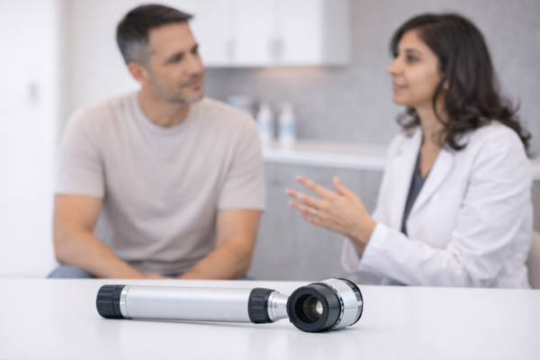 Dermatoscope used during a skin cancer screening exam at an Austin dermatology clinic
