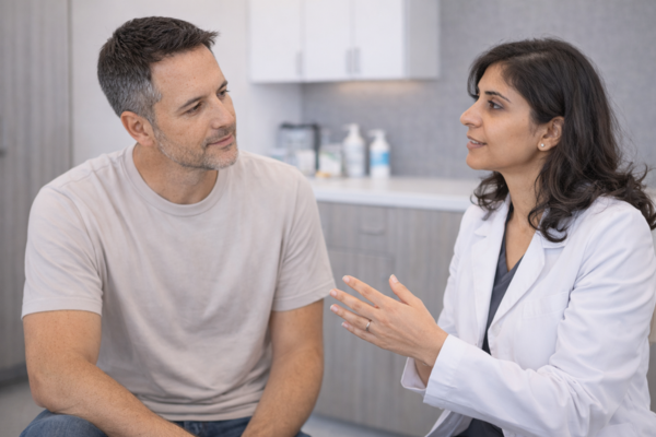 Dermatologist consultation in Austin discussing skin cancer screening results with patient