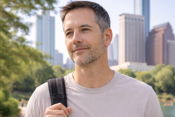 Man walking outdoors in Austin Texas representing healthy lifestyle and sun exposure awareness before scheduling a skin cancer screening