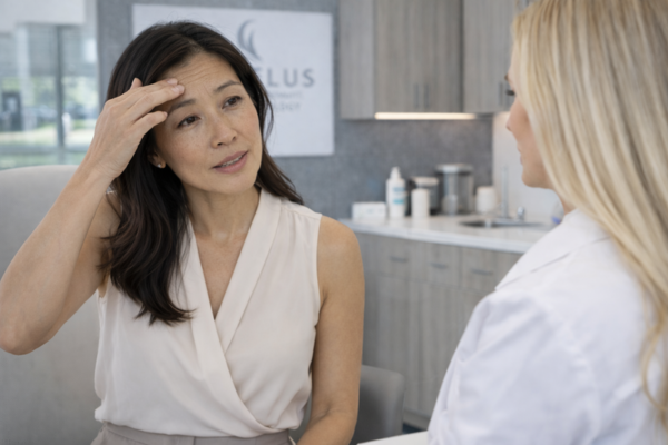 Patient discussing Xeomin consultation with a provider at Revelus Dermatology in Austin, Texas.
