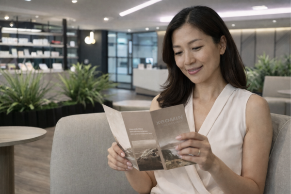 Asian woman reading a Xeomin treatment brochure in the Revelus Dermatology waiting room in Austin, Texas.