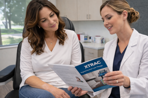 Dermatologist reviewing XTRAC excimer laser treatment brochure with patient during consultation in modern medical office