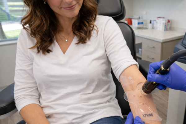 Provider performing XTRAC excimer laser treatment on patient’s arm in dermatology clinic