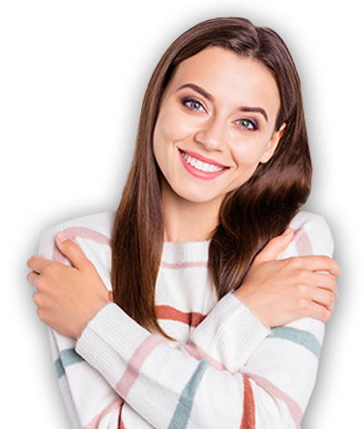 Brunette woman in striped shirt crossing arms with smile