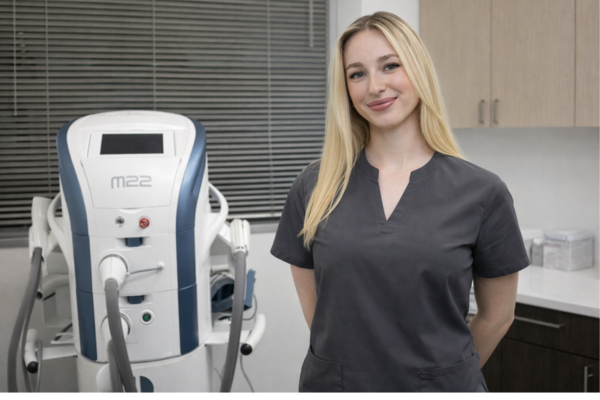 Aesthetic provider in gray scrubs standing beside M22 laser device in a modern dermatology treatment room in Austin