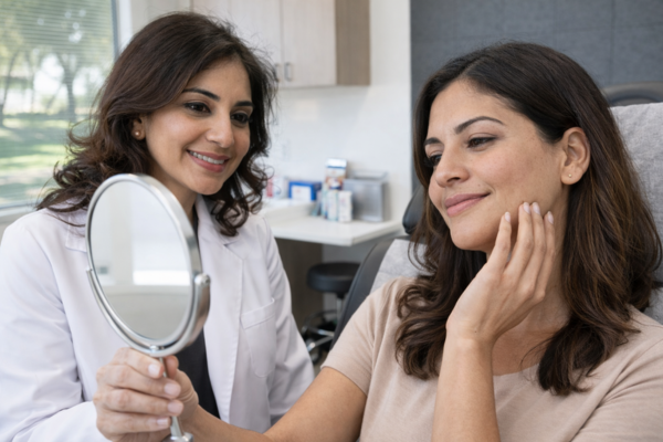 Dermatology provider reviewing skin with patient holding handheld mirror during CoolPeel consultation