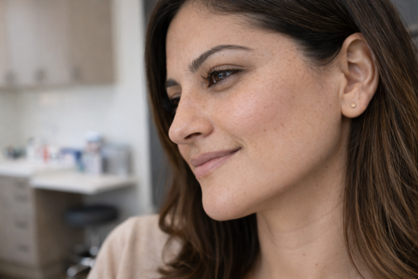 Close-up of woman’s cheek showing smooth skin texture after fractional CO2 CoolPeel treatment