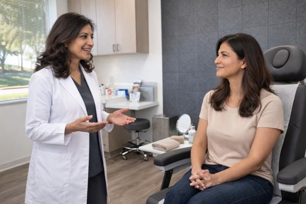 Board-certified dermatology provider discussing CoolPeel laser resurfacing treatment plan with patient in exam room