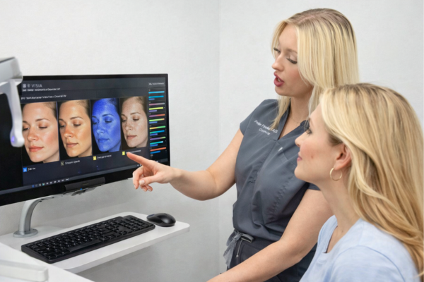 Provider reviewing VISIA skin analysis results with patient on computer screen