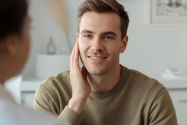 Man examining smooth skin on cheek after acne scar treatment