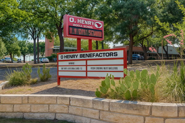 O. Henry Middle School benefactors sign in Austin, Texas highlighting local community supporters