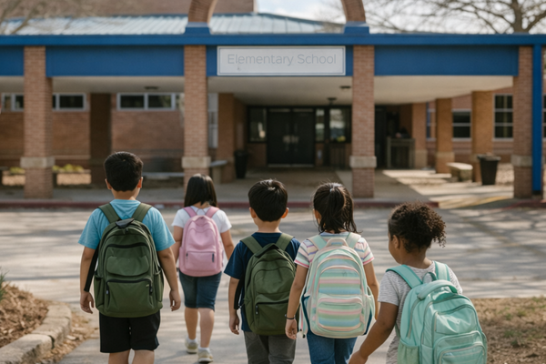 Students walking toward Patton Elementary School in Austin, Texas with backpacks