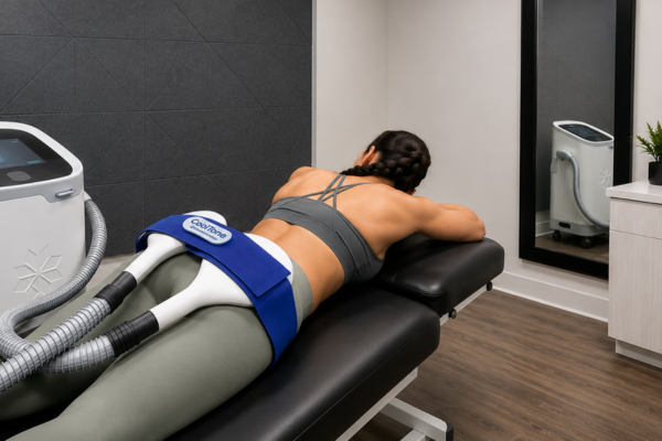 Patient receiving CoolTone body treatment in a Revelus Dermatology treatment room.