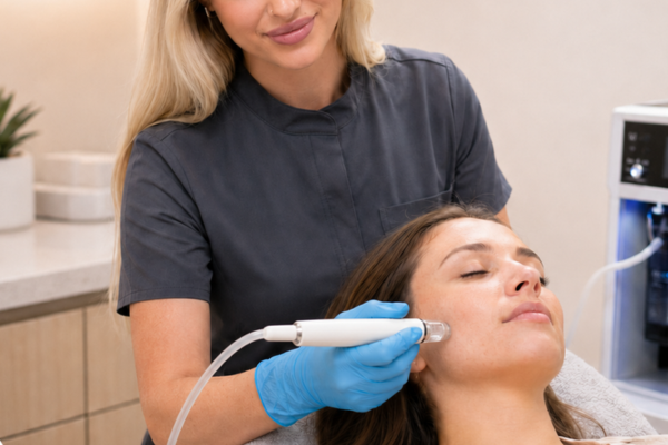 Revelus provider performing a DiamondGlow facial treatment on a patient in Austin.