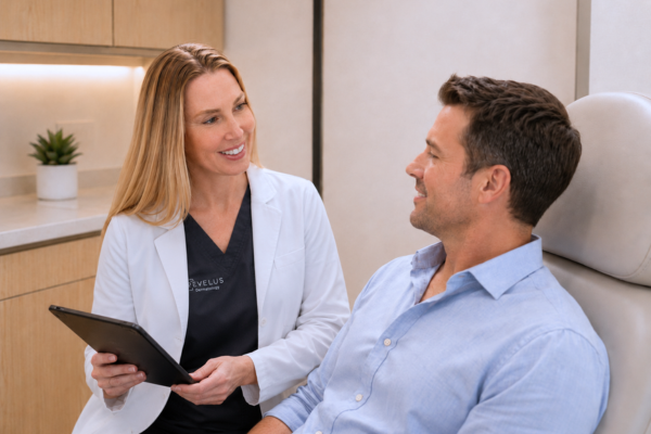 Revelus provider consulting with a male patient about Botox Cosmetic treatment.