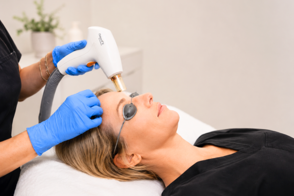 Patient receiving ResurFX laser treatment with the M22 device at Revelus Dermatology.